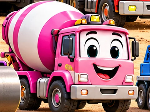 Suzie, the pink cement mixer, smiling
